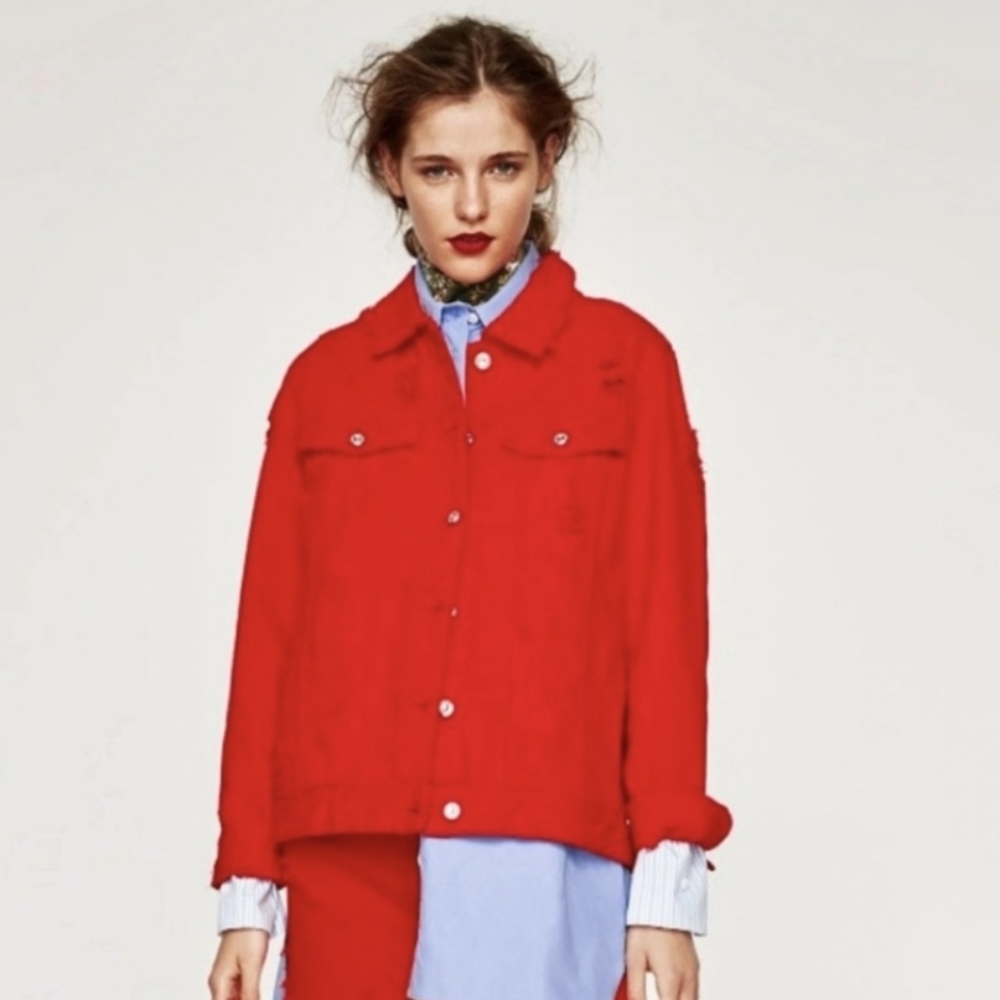 NWOT ZARA Trafaluc Distressed Denim Jacket Red Y2K Small - oversized